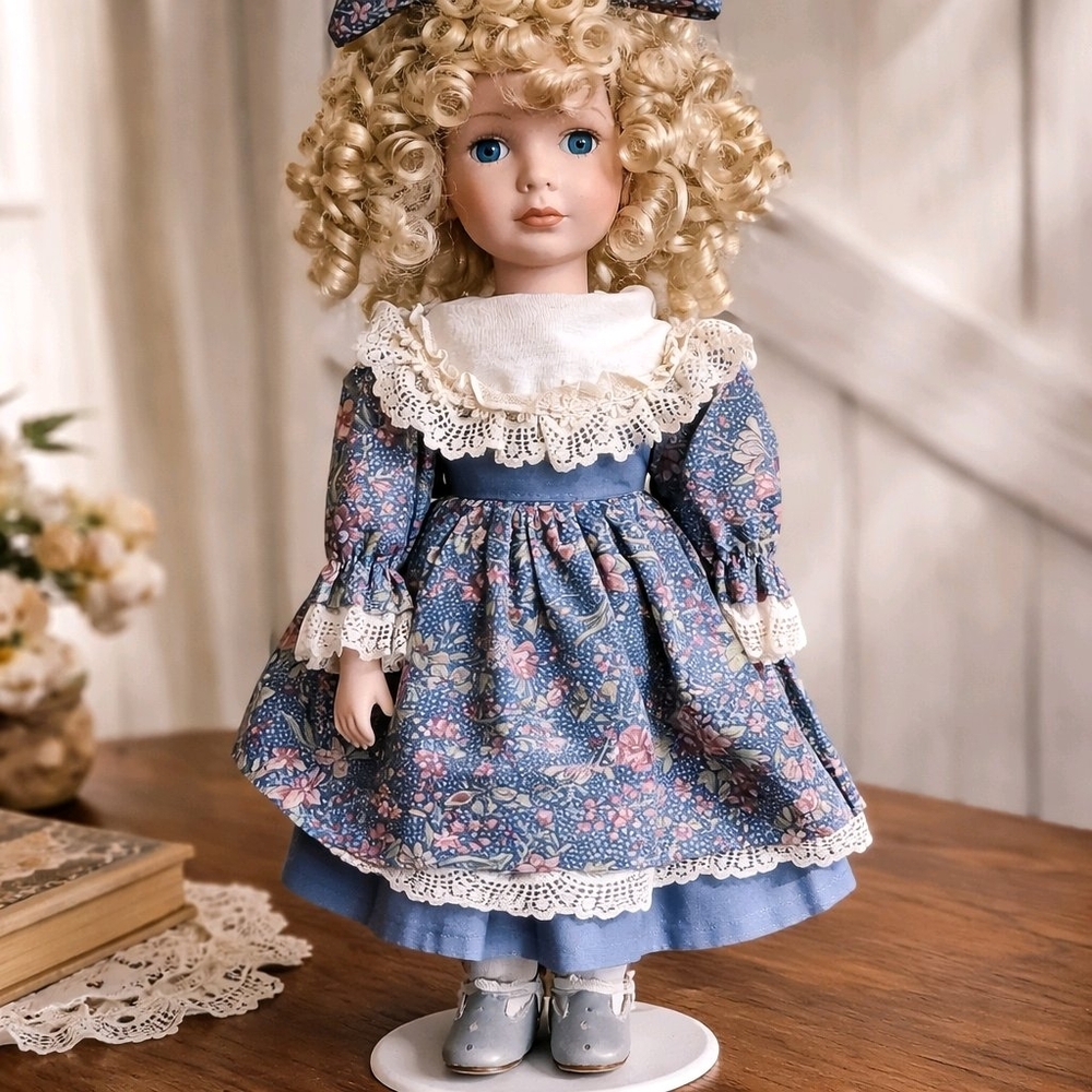 Vintage Knightsbridge Collection 18" Porcelain Doll w/ Blue Floral Dress & Curls